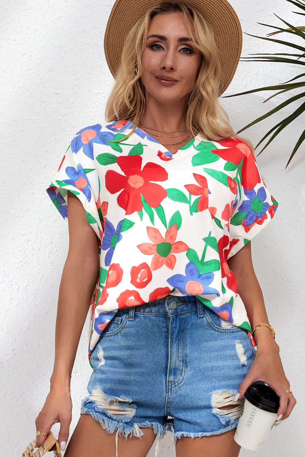 Floral V Neck Blouse with Chest Pocket