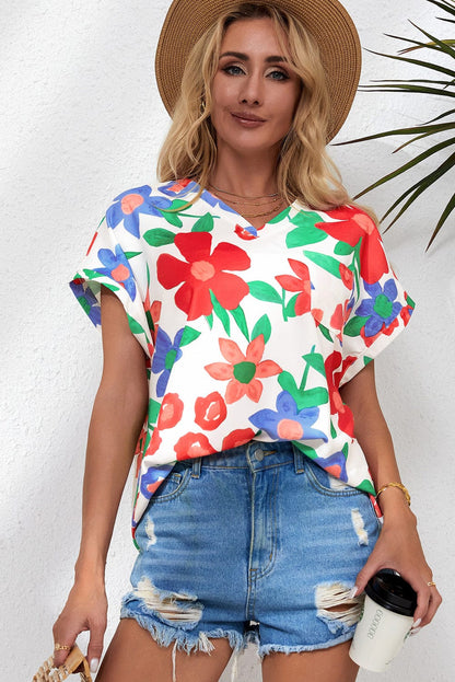 Floral V Neck Blouse with Chest Pocket