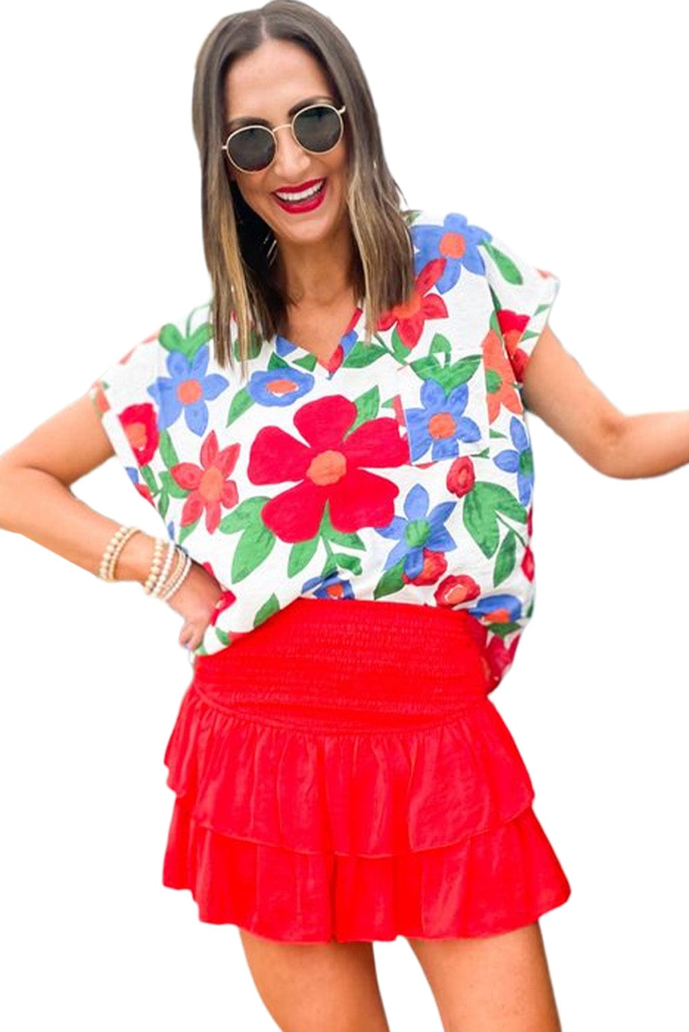 Floral V Neck Blouse with Chest Pocket