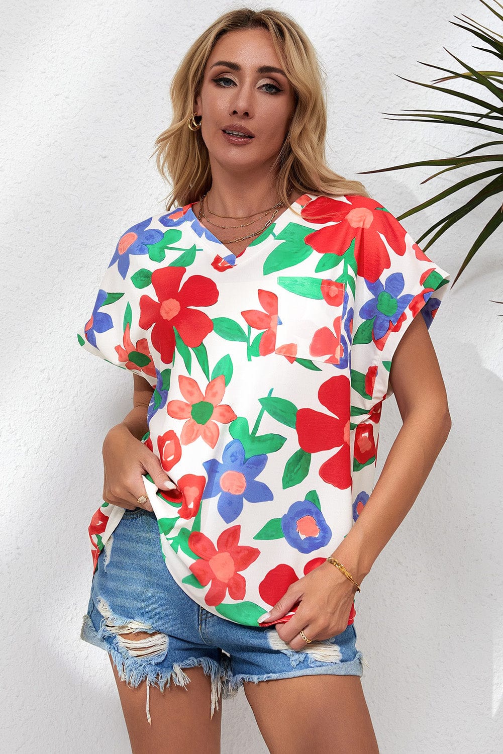 Floral V Neck Blouse with Chest Pocket