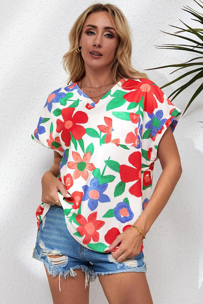 Floral V Neck Blouse with Chest Pocket