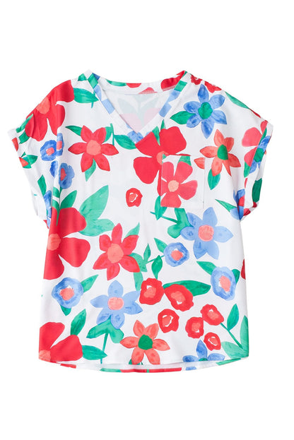 Floral V Neck Blouse with Chest Pocket