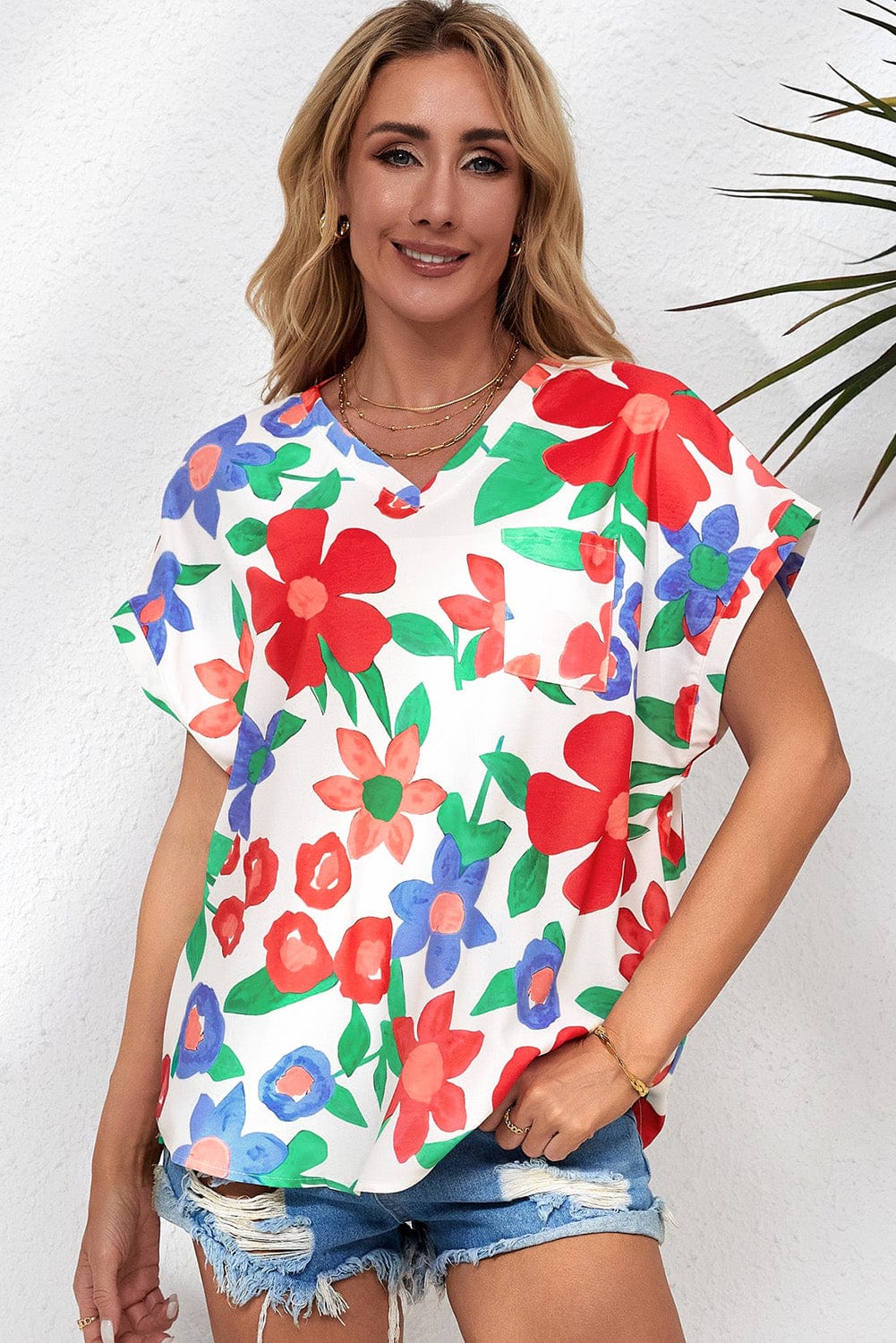 Floral V Neck Blouse with Chest Pocket