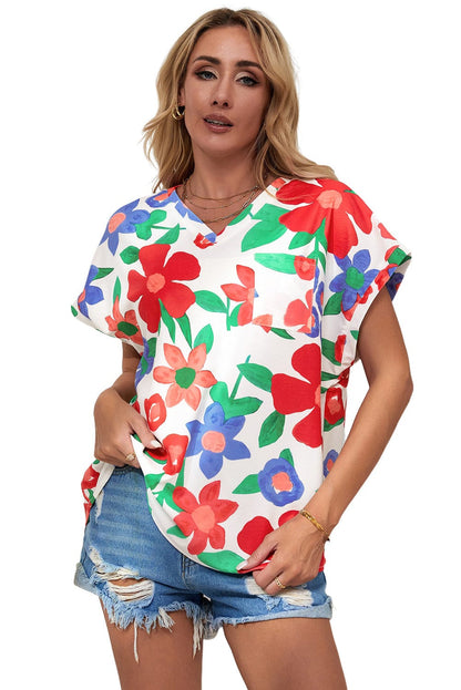 Floral V Neck Blouse with Chest Pocket