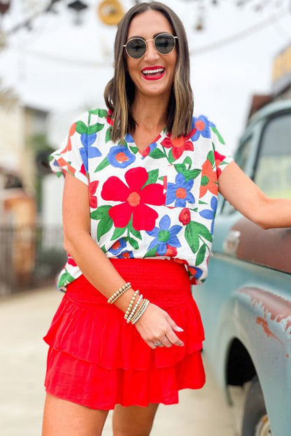 Floral V Neck Blouse with Chest Pocket