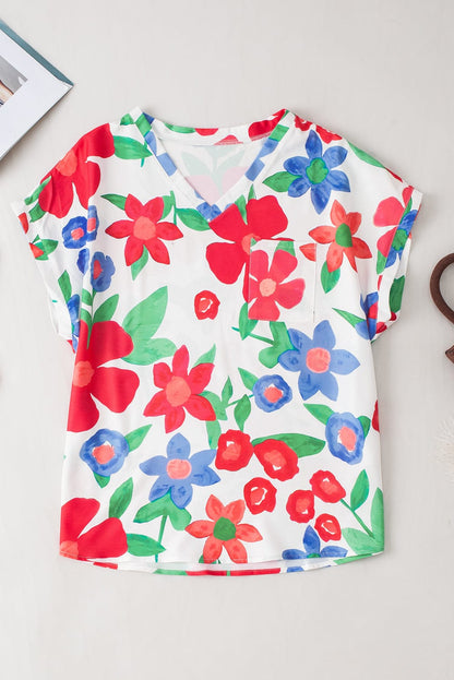 Floral V Neck Blouse with Chest Pocket