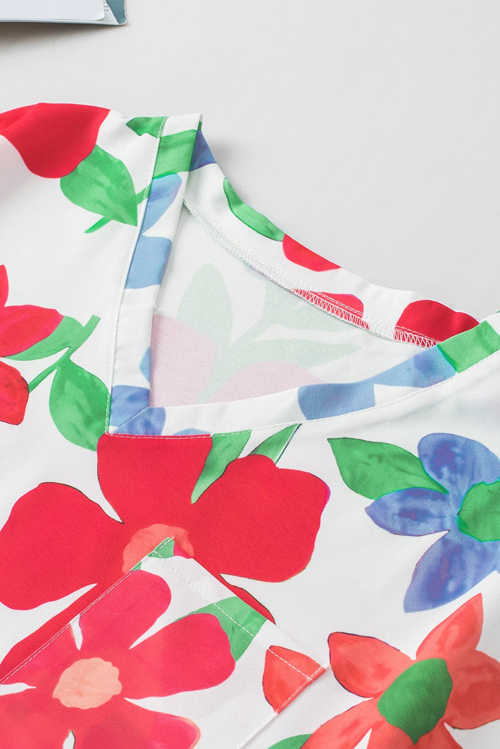 Floral V Neck Blouse with Chest Pocket