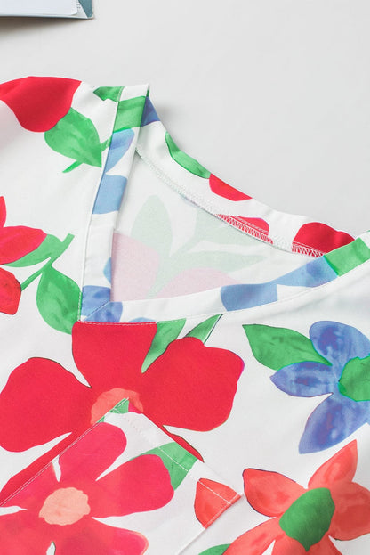 Floral V Neck Blouse with Chest Pocket