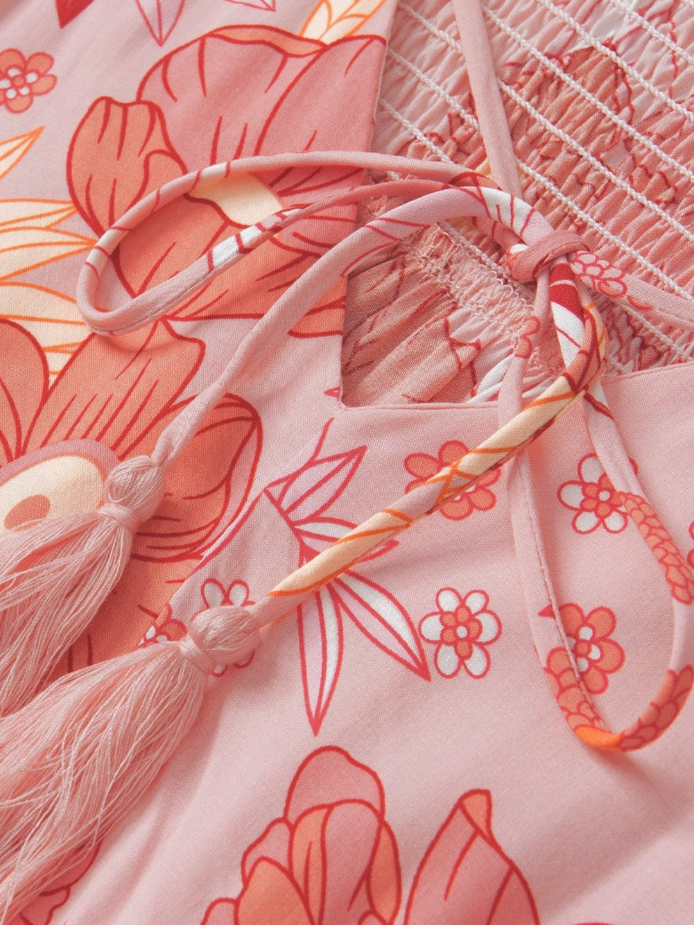 Floral V Neck Puff Sleeve Blouse with Tassels