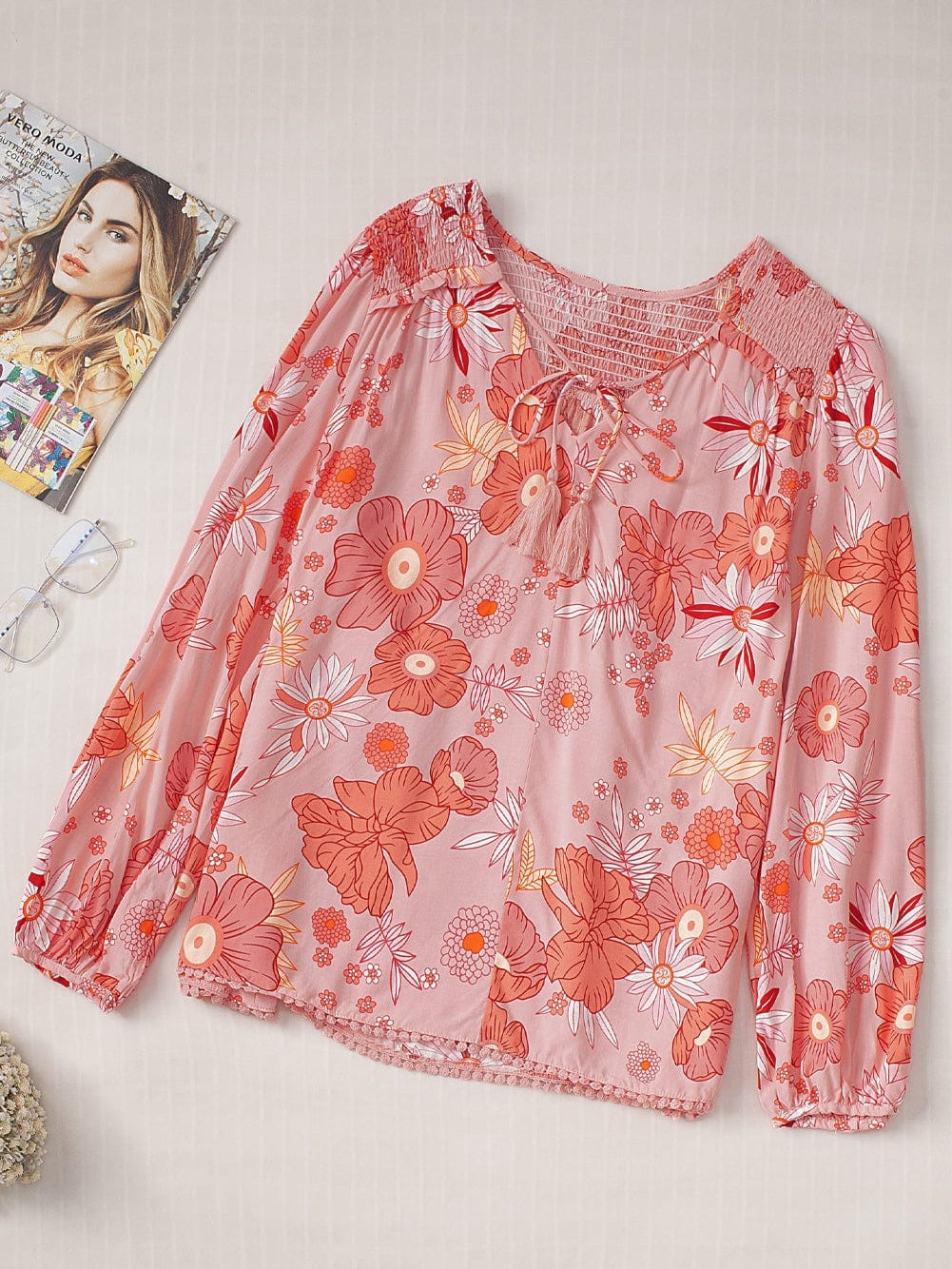 Floral V Neck Puff Sleeve Blouse with Tassels