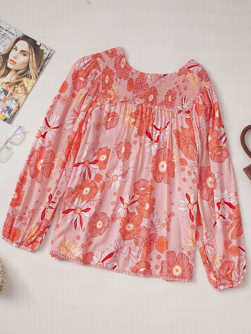 Floral V Neck Puff Sleeve Blouse with Tassels