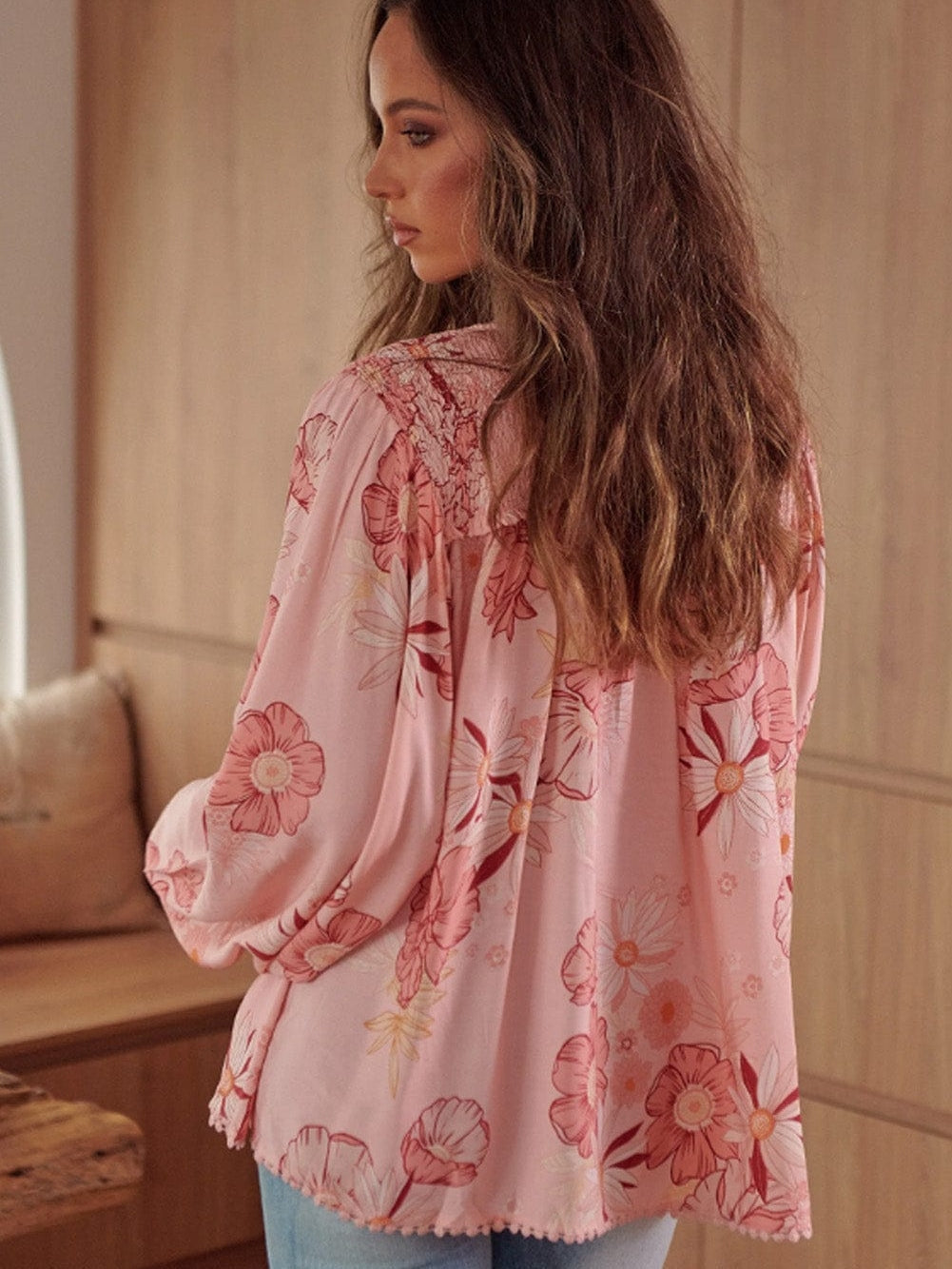 Floral V Neck Puff Sleeve Blouse with Tassels