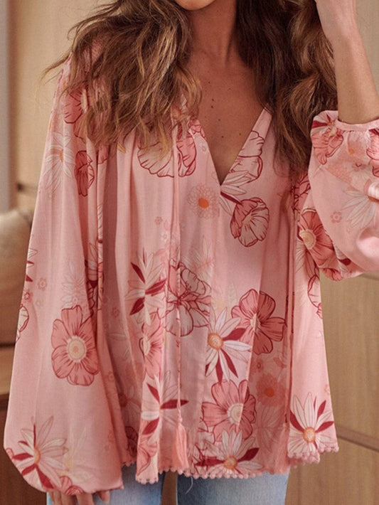 Floral V Neck Puff Sleeve Blouse with Tassels