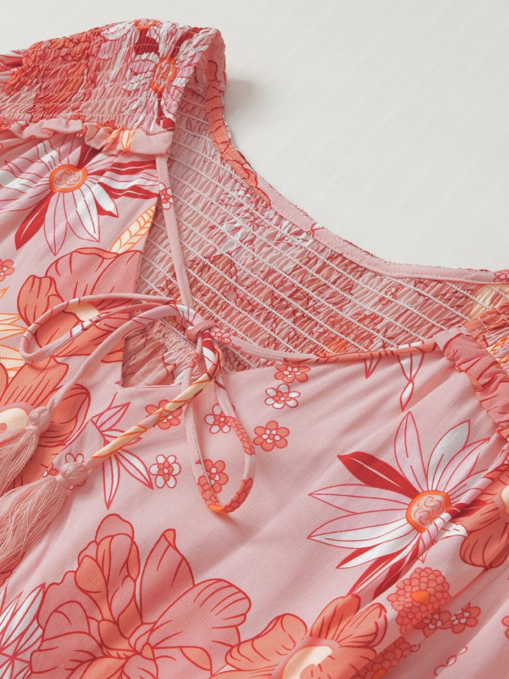 Floral V Neck Puff Sleeve Blouse with Tassels