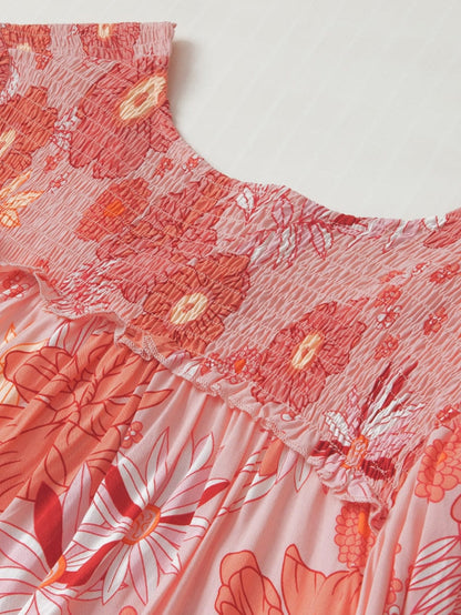 Floral V Neck Puff Sleeve Blouse with Tassels