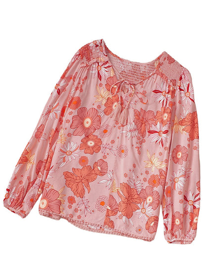 Floral V Neck Puff Sleeve Blouse with Tassels
