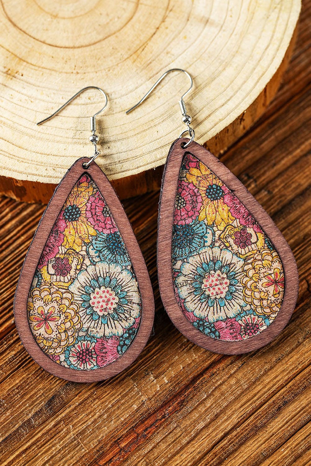 Floral Waterdrop Wooden Earrings with Contrasting Trim