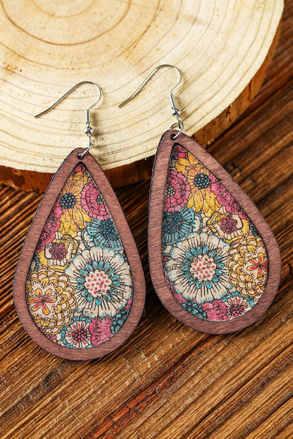 Floral Waterdrop Wooden Earrings with Contrasting Trim