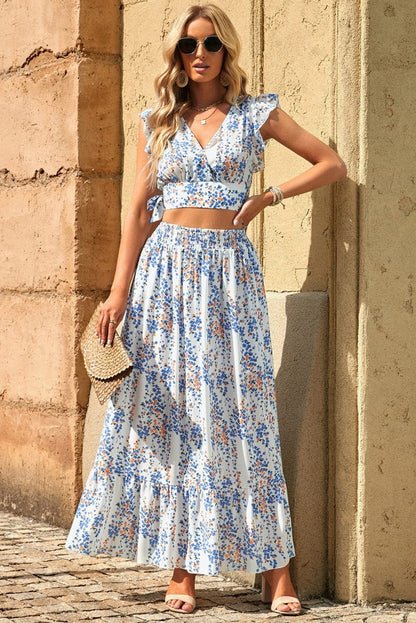 Floral White Bohemian Chic Two Piece Maxi Dress Set