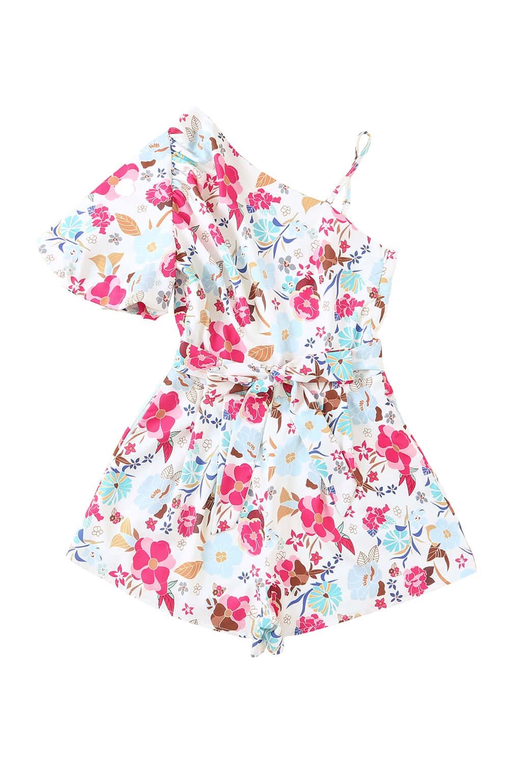 Floral White Single Puff Sleeve One-Shoulder Romper