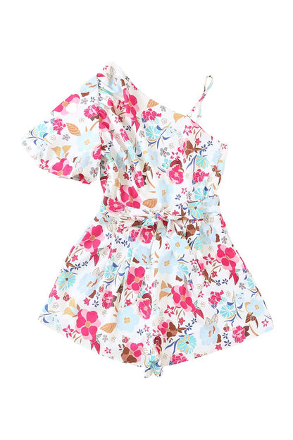 Floral White Single Puff Sleeve One-Shoulder Romper