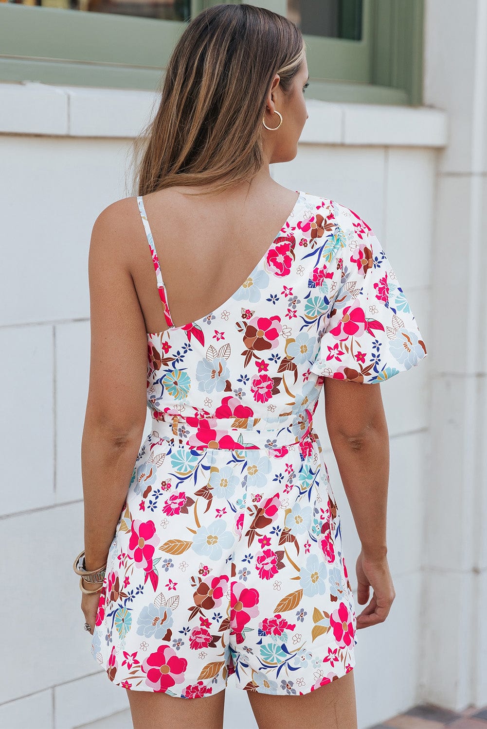 Floral White Single Puff Sleeve One-Shoulder Romper
