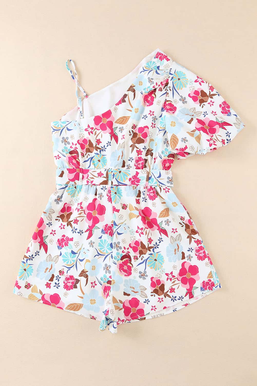 Floral White Single Puff Sleeve One-Shoulder Romper