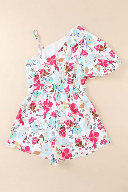 Floral White Single Puff Sleeve One-Shoulder Romper
