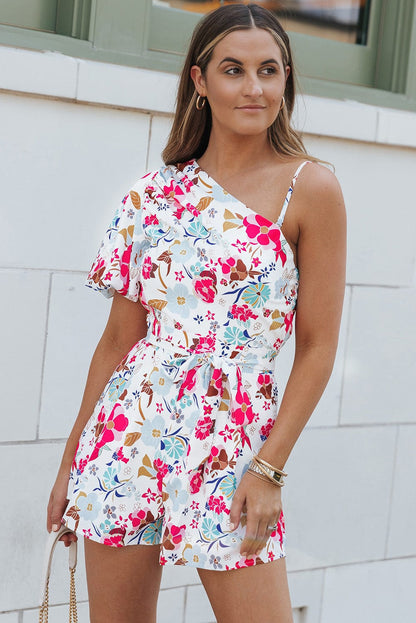 Floral White Single Puff Sleeve One-Shoulder Romper