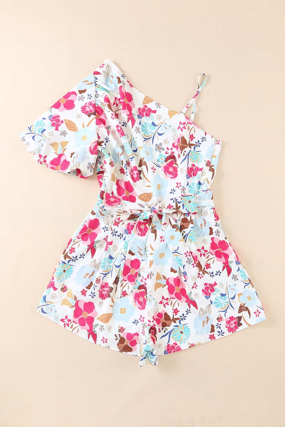 Floral White Single Puff Sleeve One-Shoulder Romper