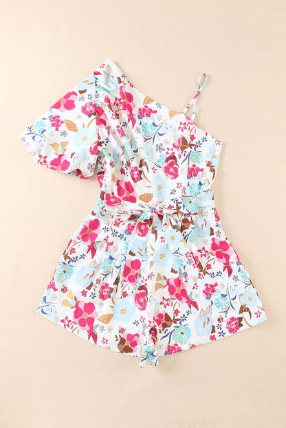 Floral White Single Puff Sleeve One-Shoulder Romper