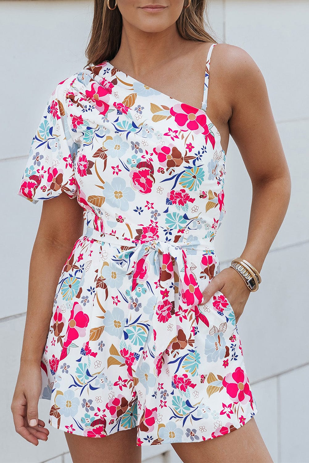 Floral White Single Puff Sleeve One-Shoulder Romper
