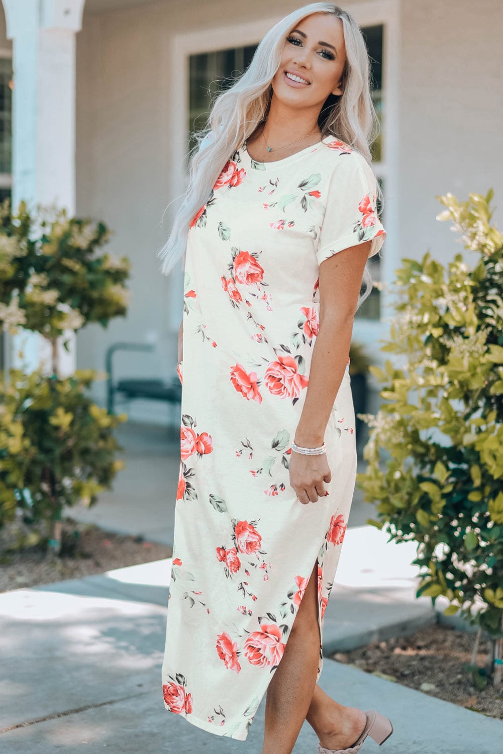 Floral White T-Shirt Dress with Side Slits