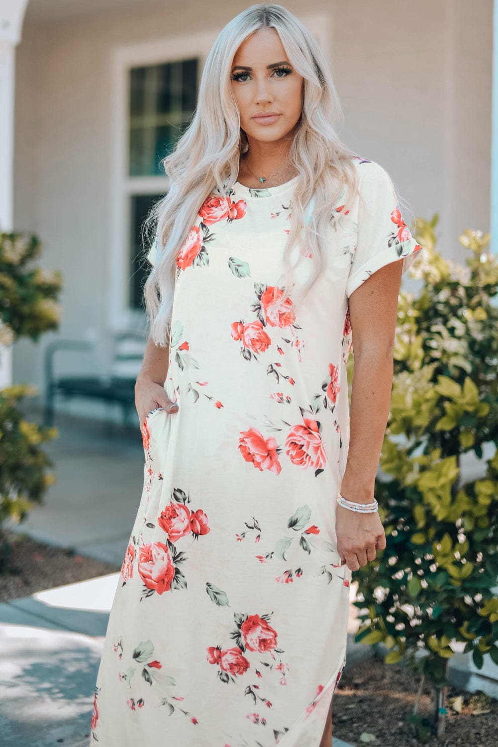 Floral White T-Shirt Dress with Side Slits