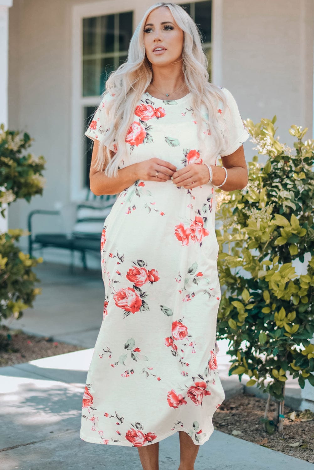 Floral White T-Shirt Dress with Side Slits