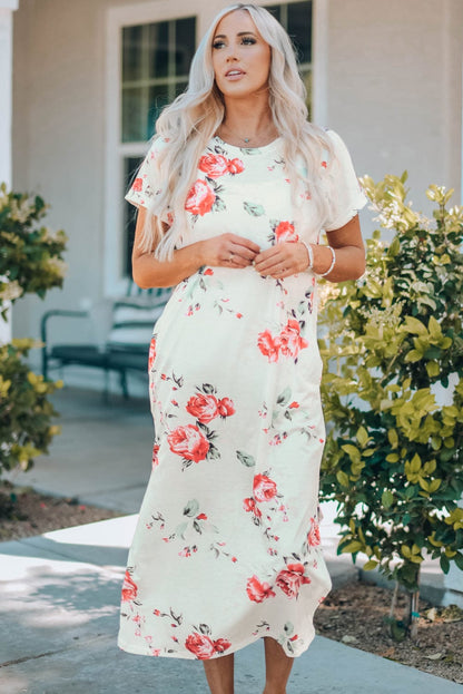 Floral White T-Shirt Dress with Side Slits