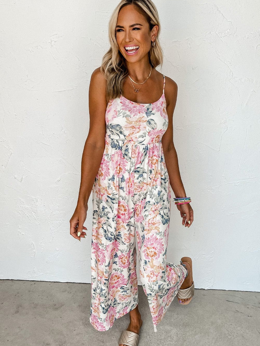 Floral White Wide Leg Jumpsuit with Spaghetti Straps