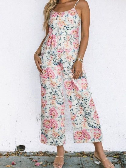 Floral White Wide Leg Jumpsuit with Spaghetti Straps