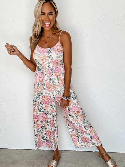 Floral White Wide Leg Jumpsuit with Spaghetti Straps