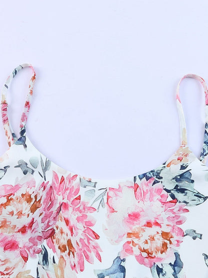 Floral White Wide Leg Jumpsuit with Spaghetti Straps