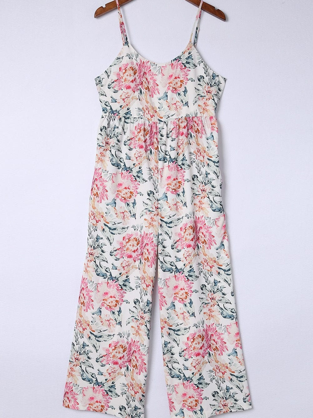 Floral White Wide Leg Jumpsuit with Spaghetti Straps