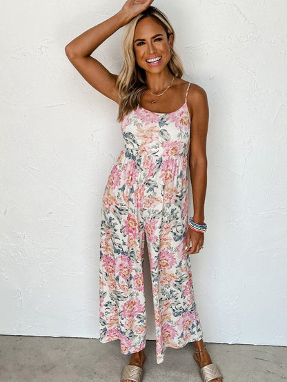 Floral White Wide Leg Jumpsuit with Spaghetti Straps