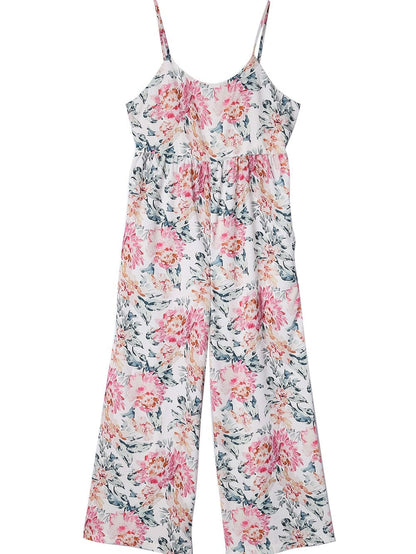 Floral White Wide Leg Jumpsuit with Spaghetti Straps