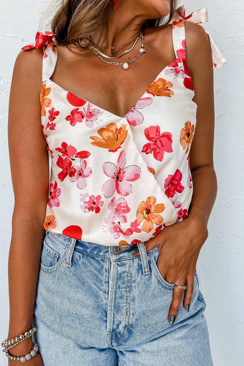 Floral Wrap Sleeveless Bodysuit with White Button Accent