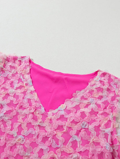 Flowery Mesh Puff Sleeve Blouse in Sweet Bonbon