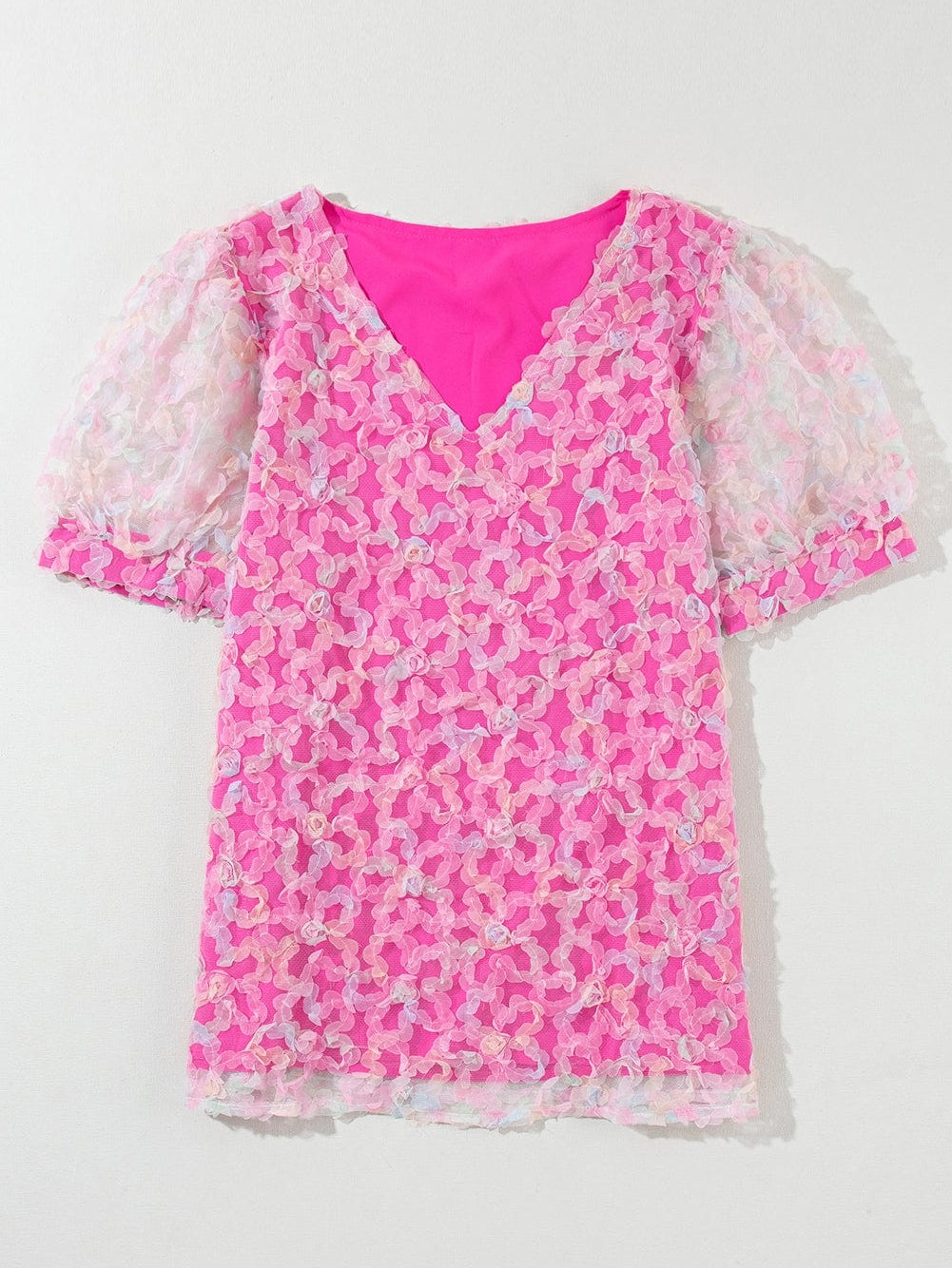 Flowery Mesh Puff Sleeve Blouse in Sweet Bonbon