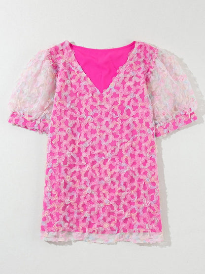 Flowery Mesh Puff Sleeve Blouse in Sweet Bonbon