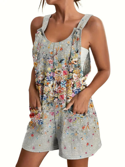 Flowery Print Jumpsuit with Pockets, Sleeveless Casual Romper for Women