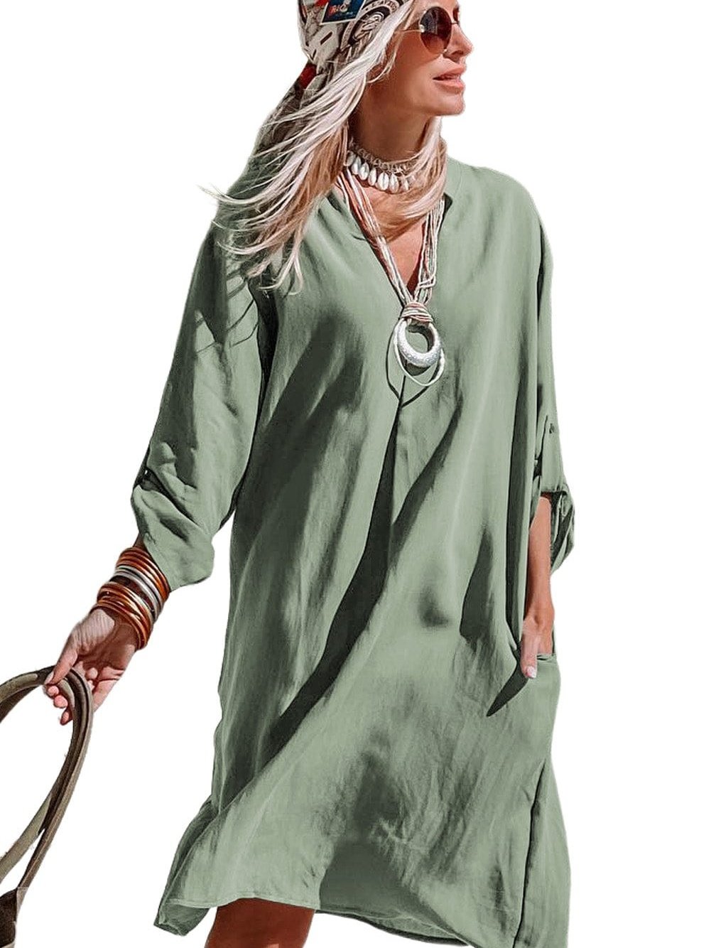 Flowy Green V-Neck Casual Dress with Roll-Tab Sleeves