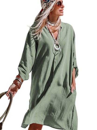 Flowy Green V-Neck Casual Dress with Roll-Tab Sleeves